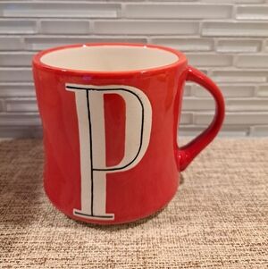 Anthropologie P Initial Monogram Red Hand Painted Ceramic Coffee Mug